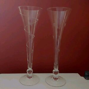 Hollow Stem Trumpet Champagne Glasses Flutes Swirl Polka Dot Lot Of 2